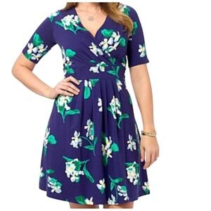 Lands End Small Blue Floral Faux Wrap Pleated Fit & Flare Knit Dress with Pocket